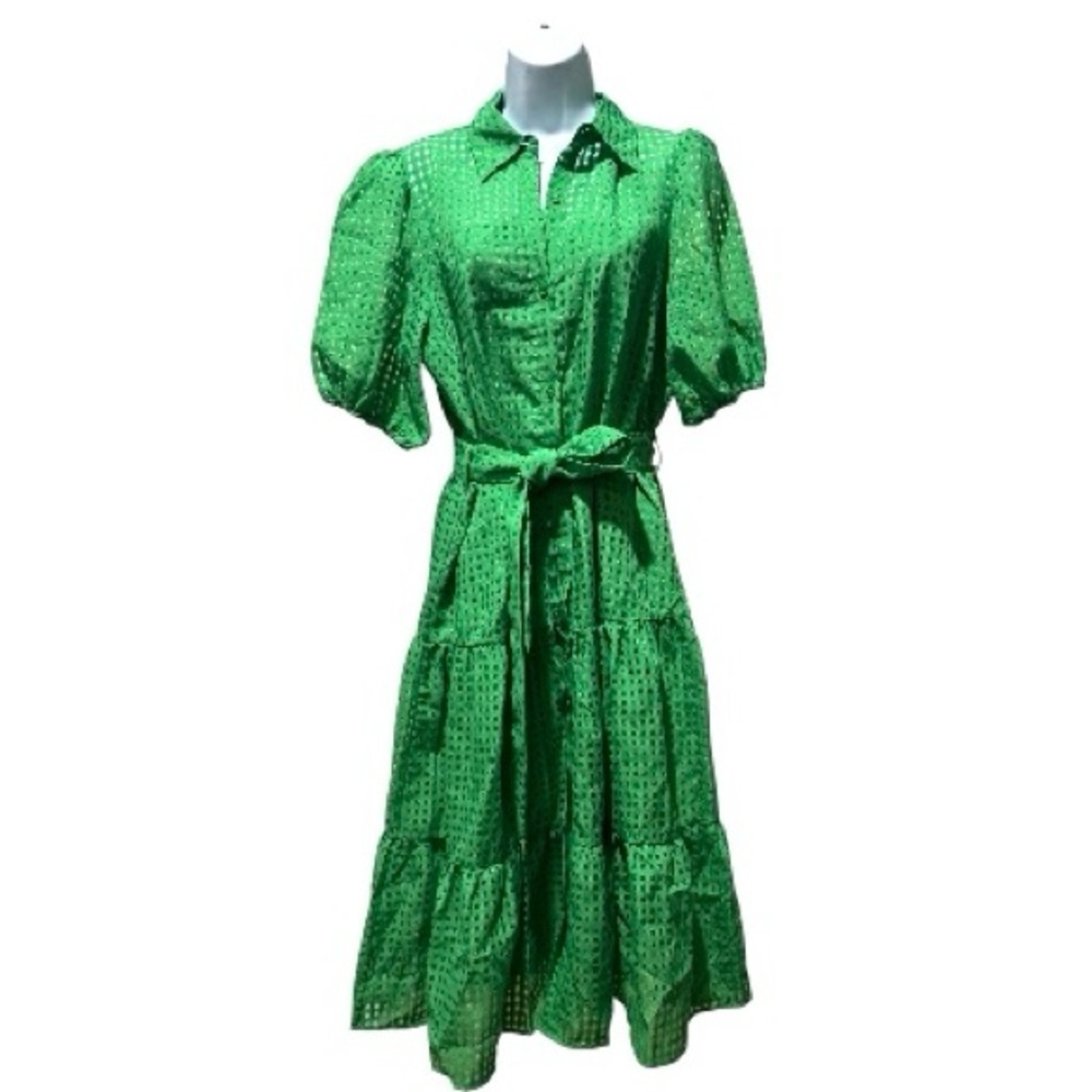 Bestto Green Eyelet Puff Sleeve Belted Midi Dress – Size M